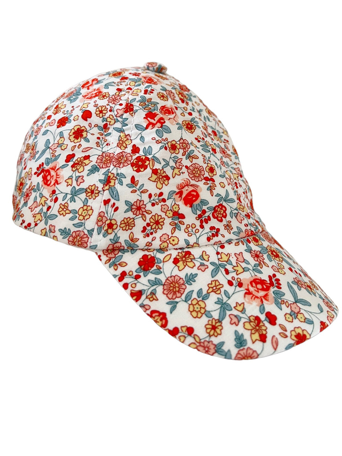 Floral-patterned baseball cap featuring red, yellow, and blue flowers on a white background.