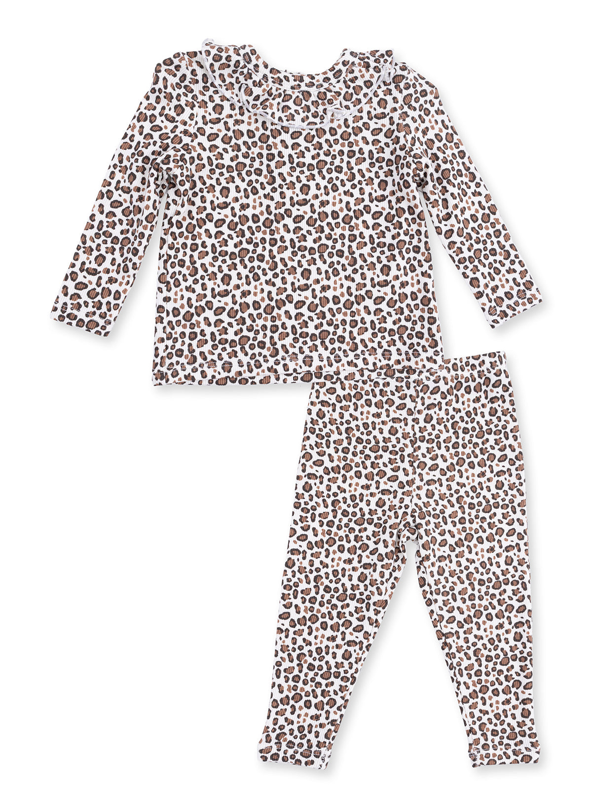 Ribbed Long Sleeve Ruffle Top & Pants, Leopard