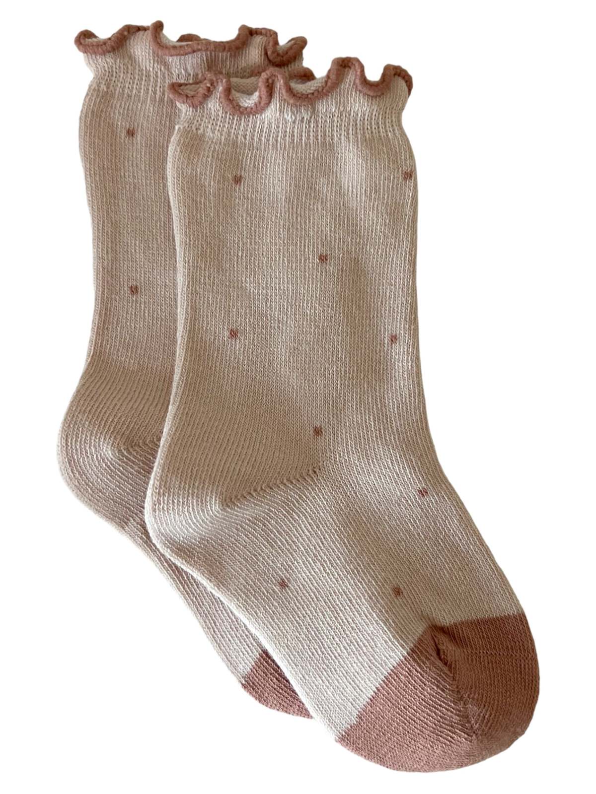 Beige socks with ruffled tops and pink accents, featuring small dotted patterns throughout.