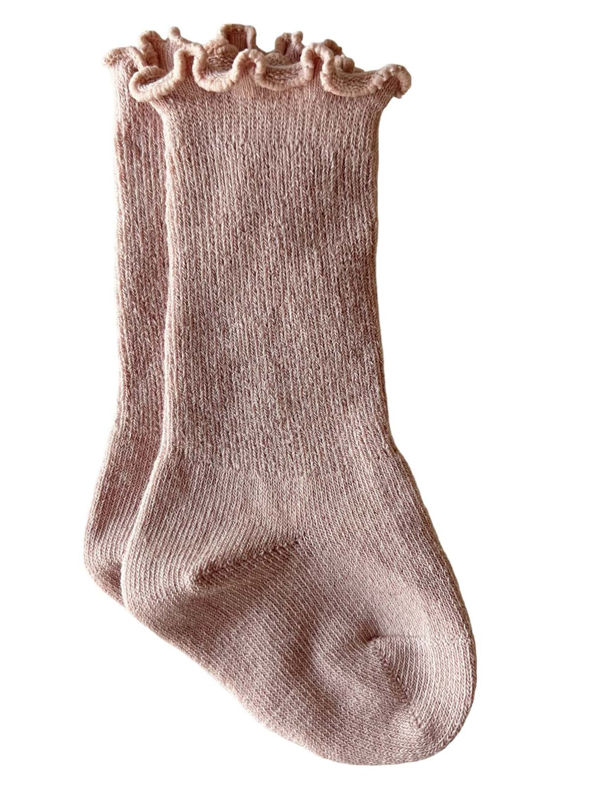 Pink knitted socks with a ruffled top, laid flat against a white background.