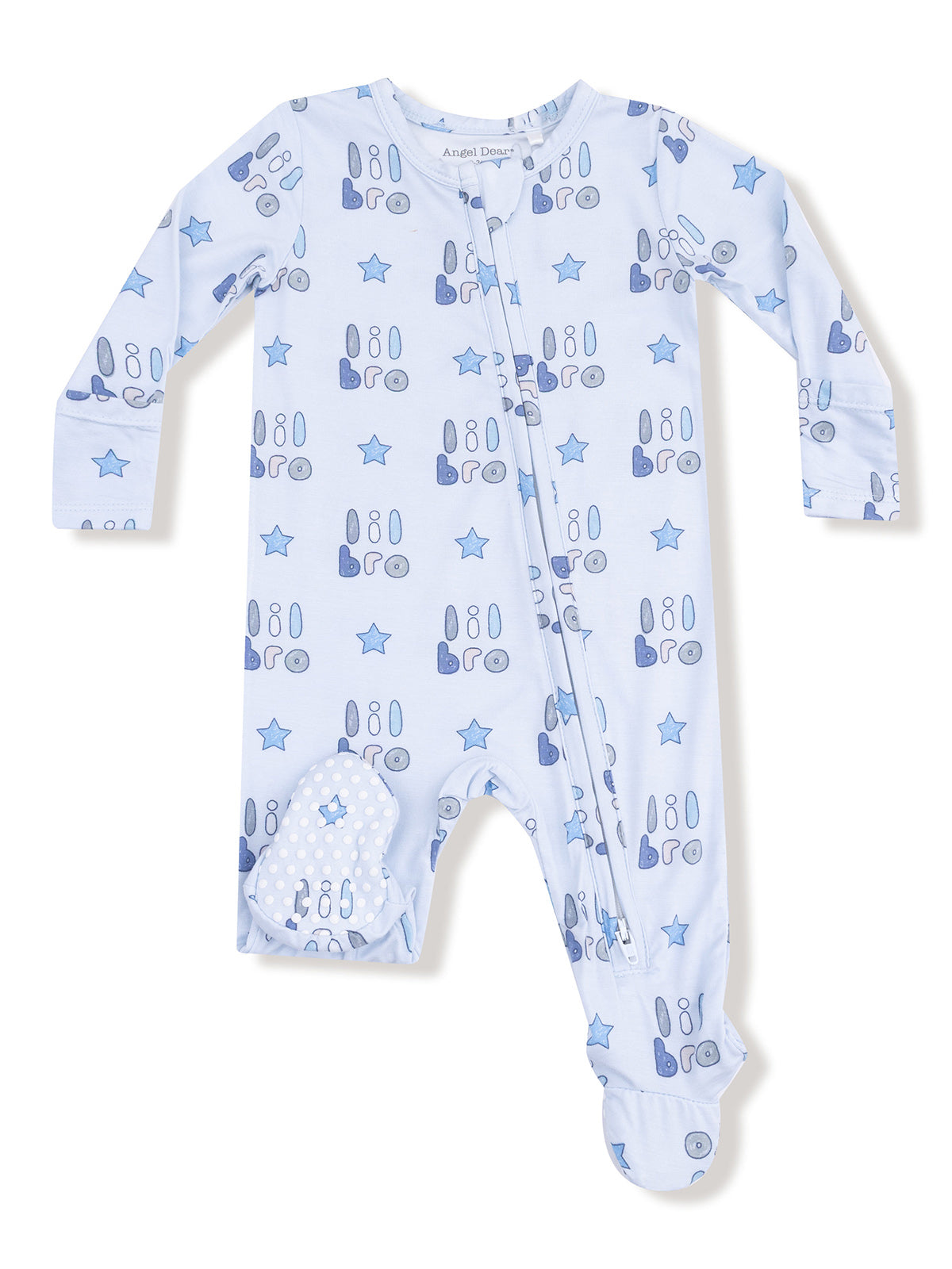 Blue patterned baby onesie with stars and text, featuring a front zipper and footed design.