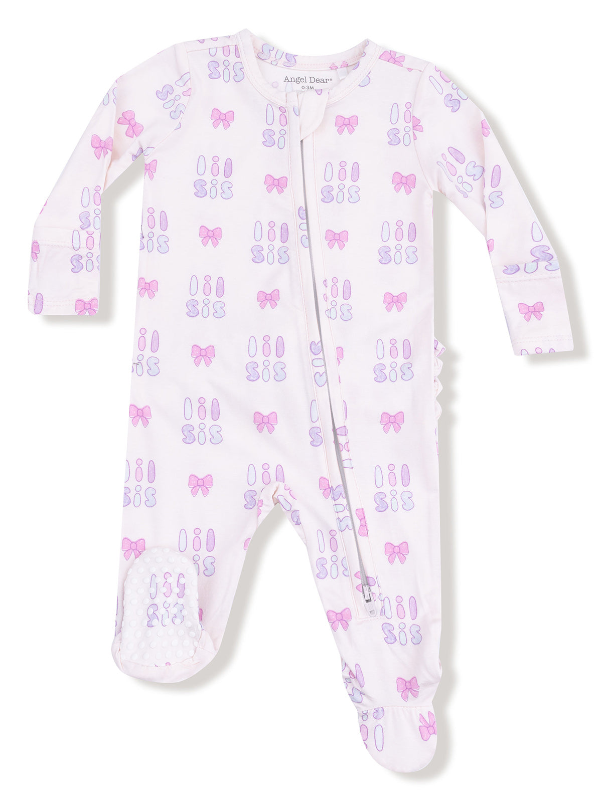Pink baby onesie with bows and "lil sis" text, featuring long sleeves and footed design.