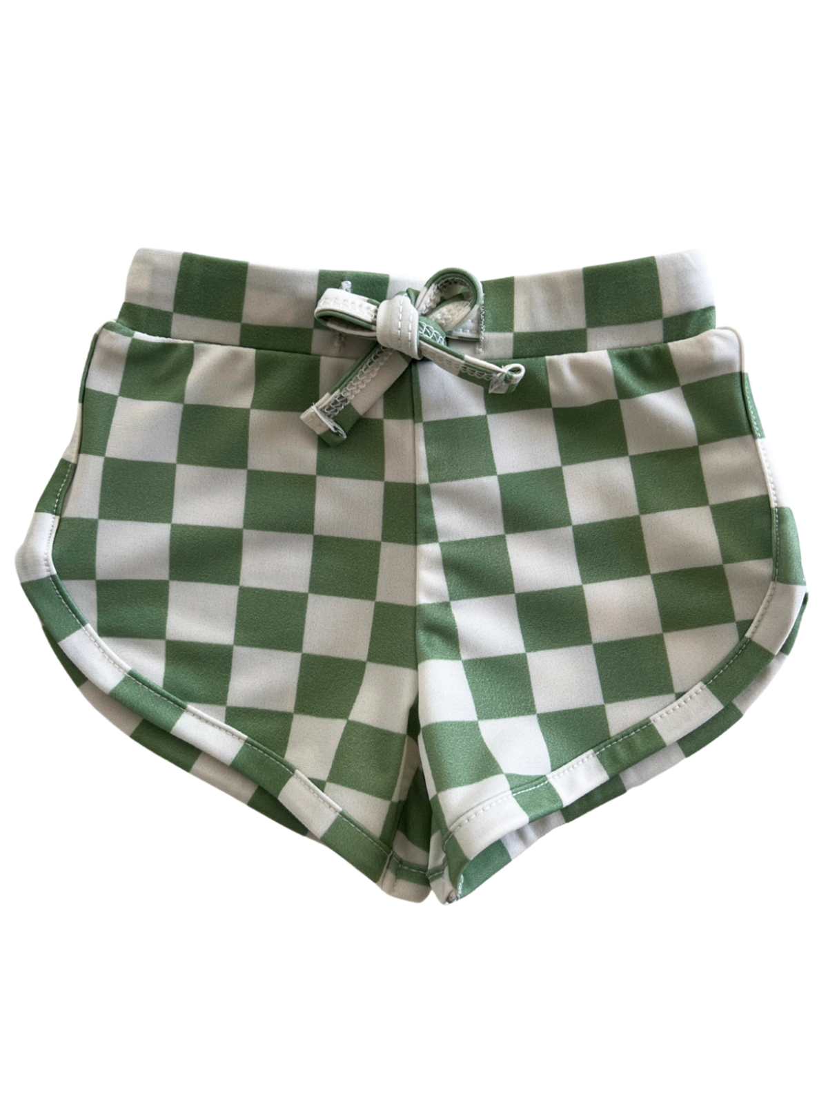 Green and white checkered shorts with a drawstring at the waist, designed for casual wear.