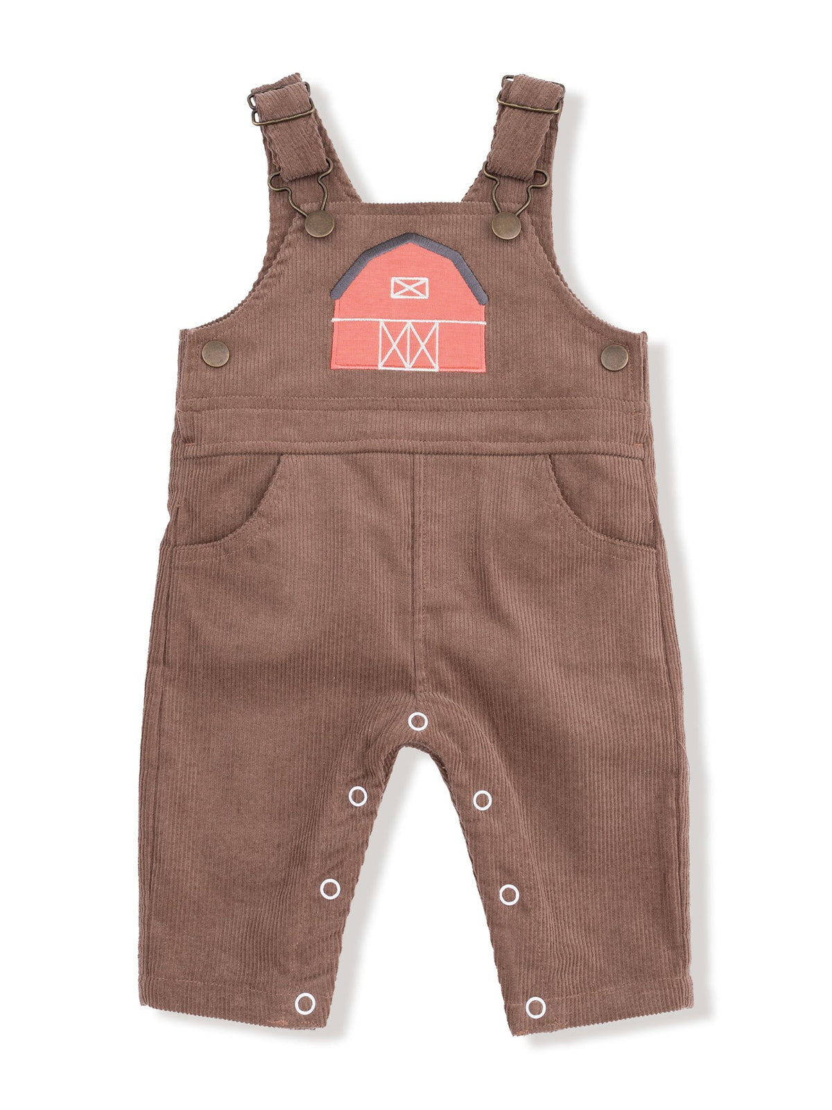 Brown corduroy overalls with a barn graphic and snap closures for easy wear. Ideal for toddlers or playful outfits.