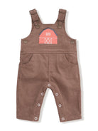 Brown corduroy overalls with a barn graphic and snap closures for easy wear. Ideal for toddlers or playful outfits.