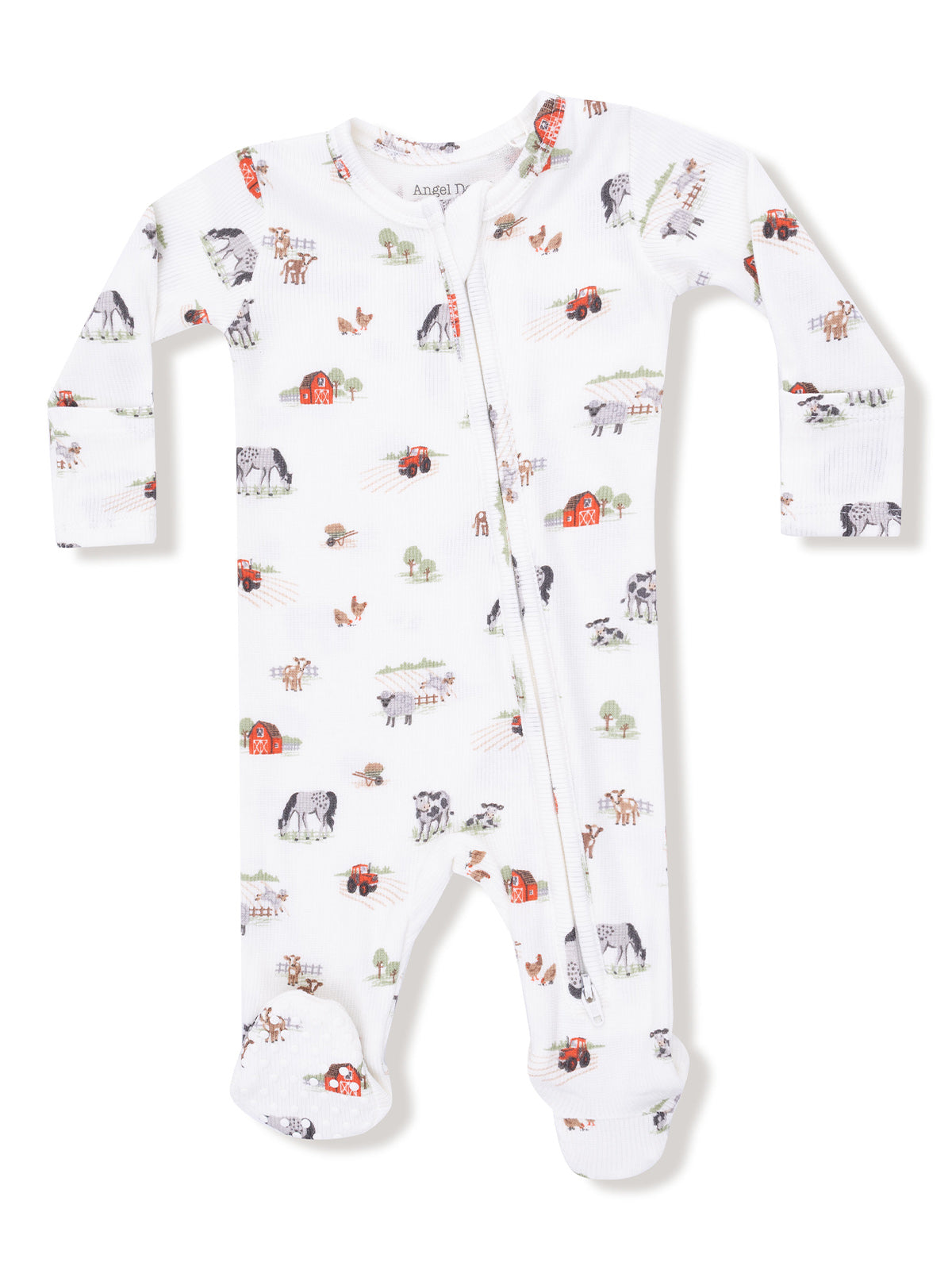 Baby pajamas with a farm animal print, featuring tractors, barns, and playful designs in soft fabric.