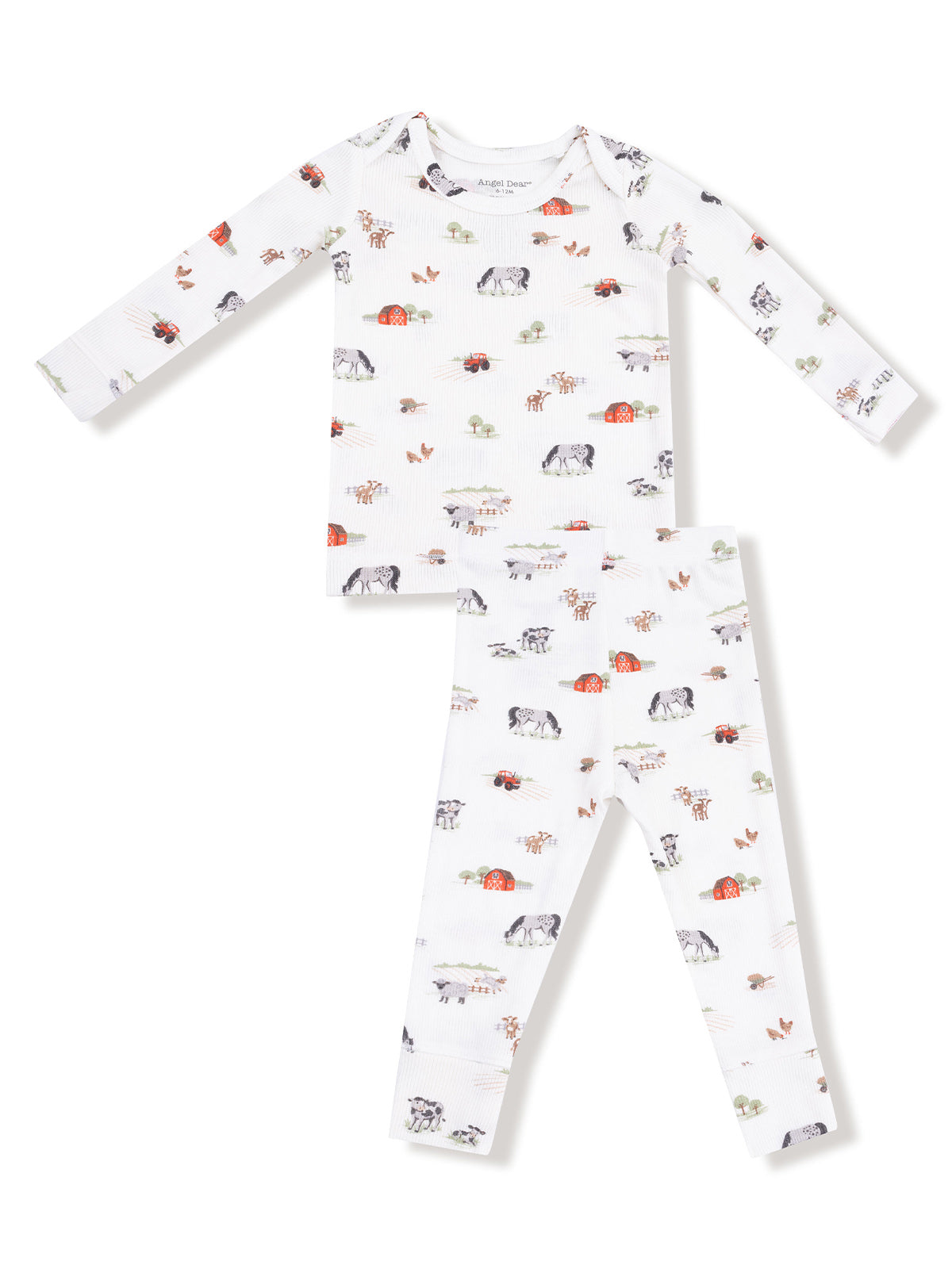 Kids' two-piece pajama set with farm animal patterns on a white background. Ideal for comfort and play.