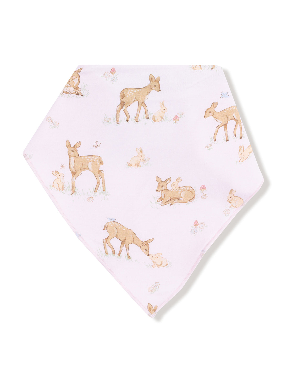 Light pink bandana featuring illustrations of deer and rabbits in a whimsical, nature-inspired design.