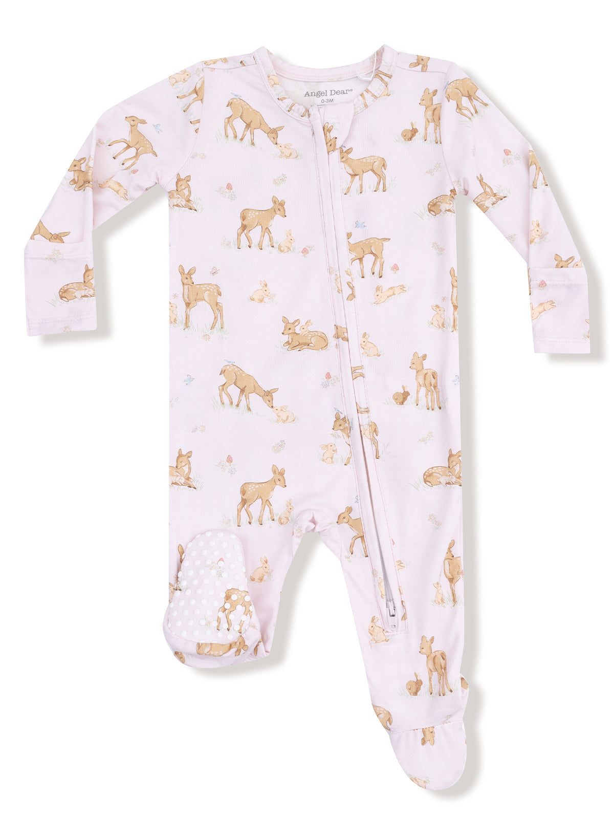 Light pink children's onesie with deer and animal prints, featuring a front zipper and footed design.