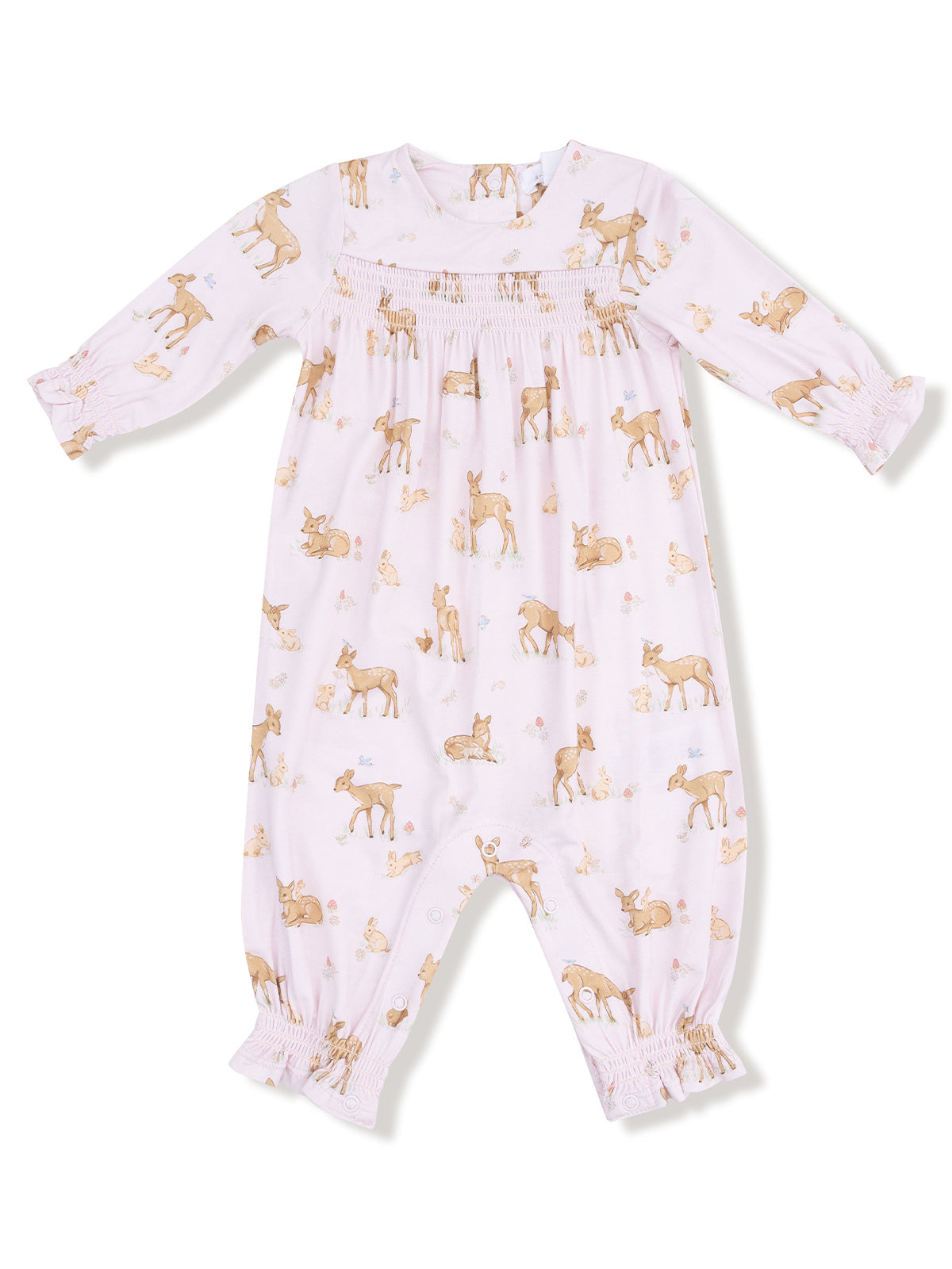 Pink baby jumpsuit with a cute animal print featuring deer and rabbits. Perfect for infant play or sleep.