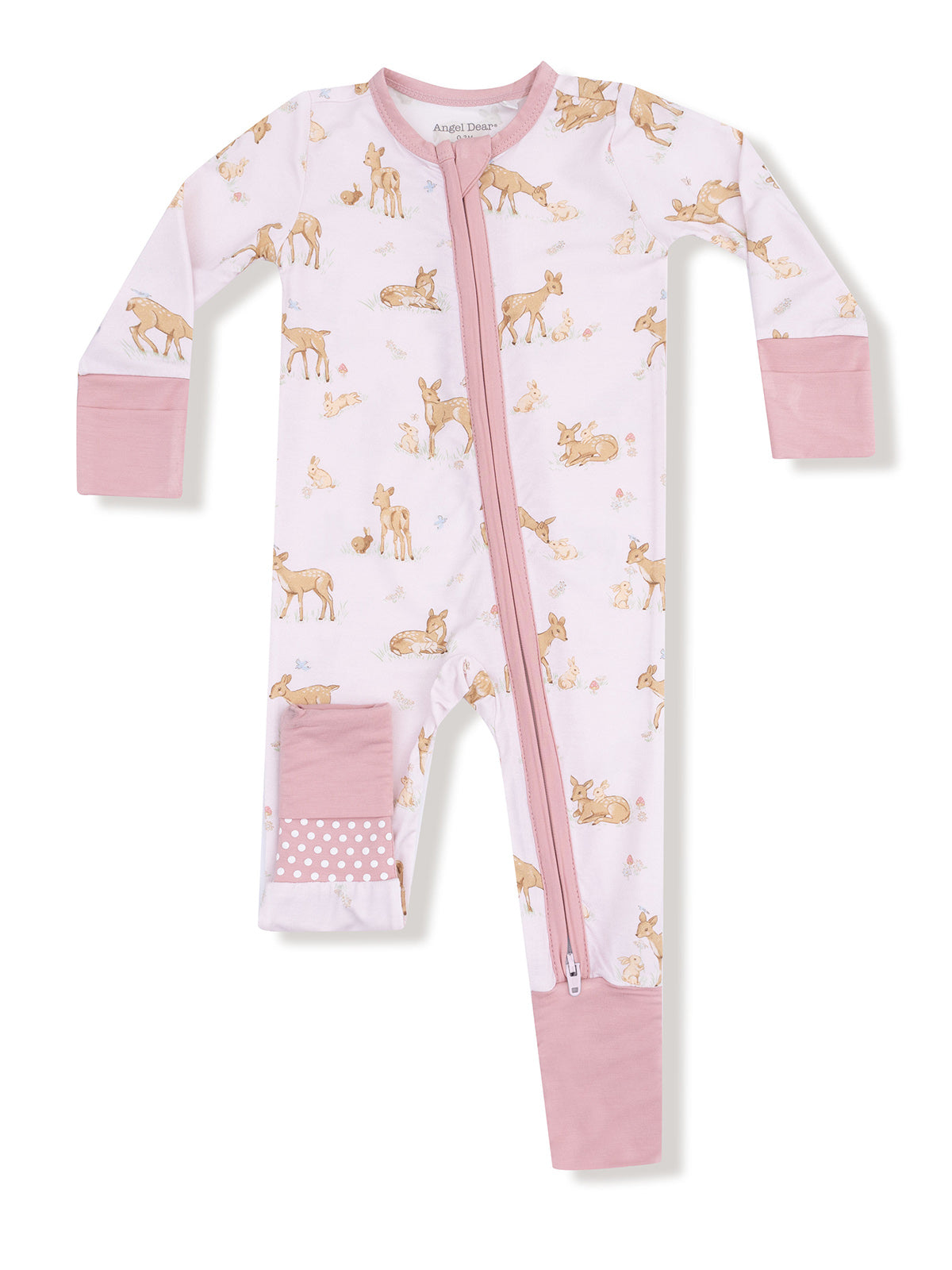 Pink animal-patterned baby onesie with a front zipper and pockets.
