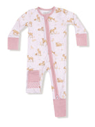 Pink animal-patterned baby onesie with a front zipper and pockets.