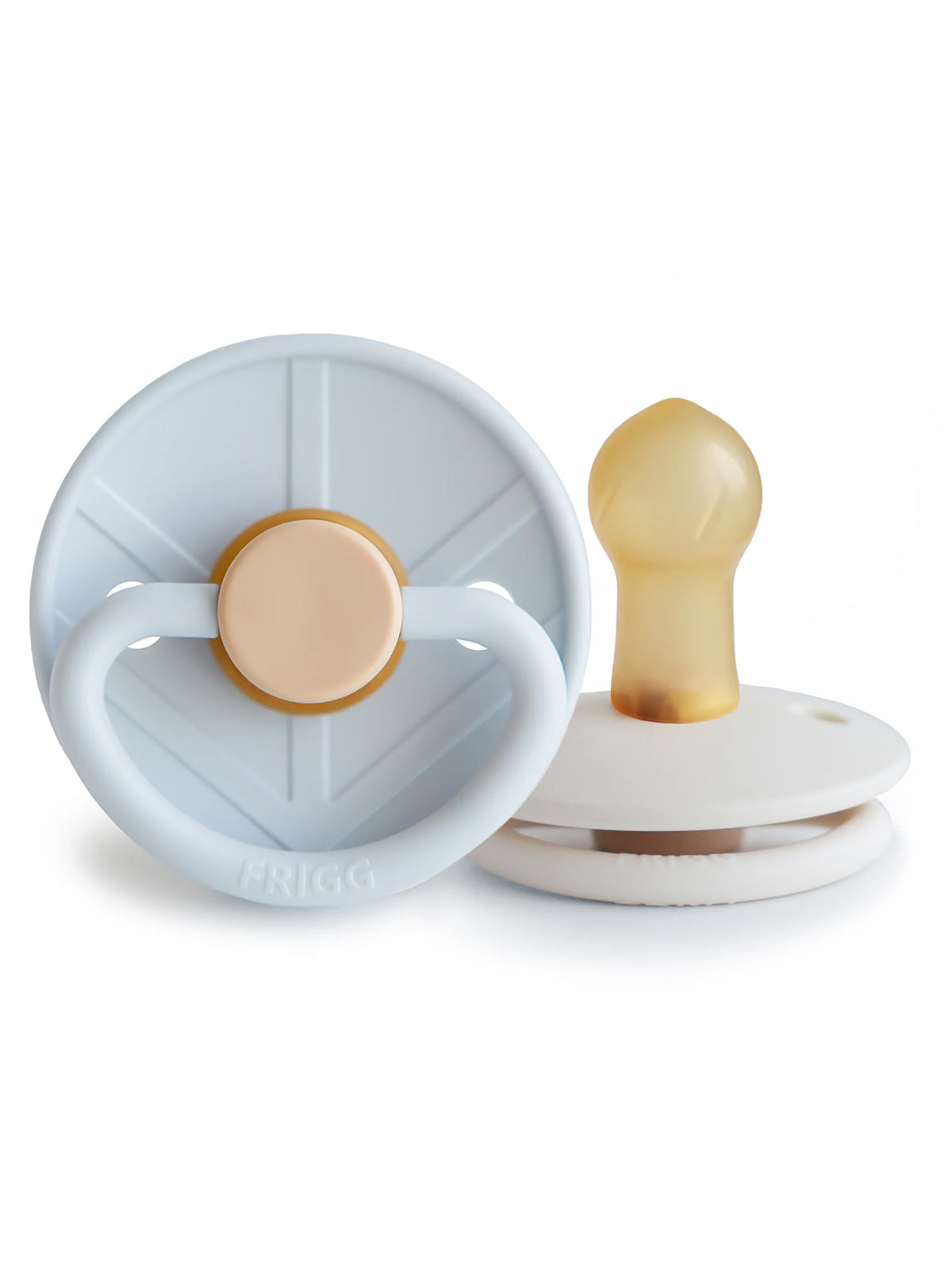 Light blue pacifier with a curved handle and a gold accent, alongside a translucent yellow nipple.