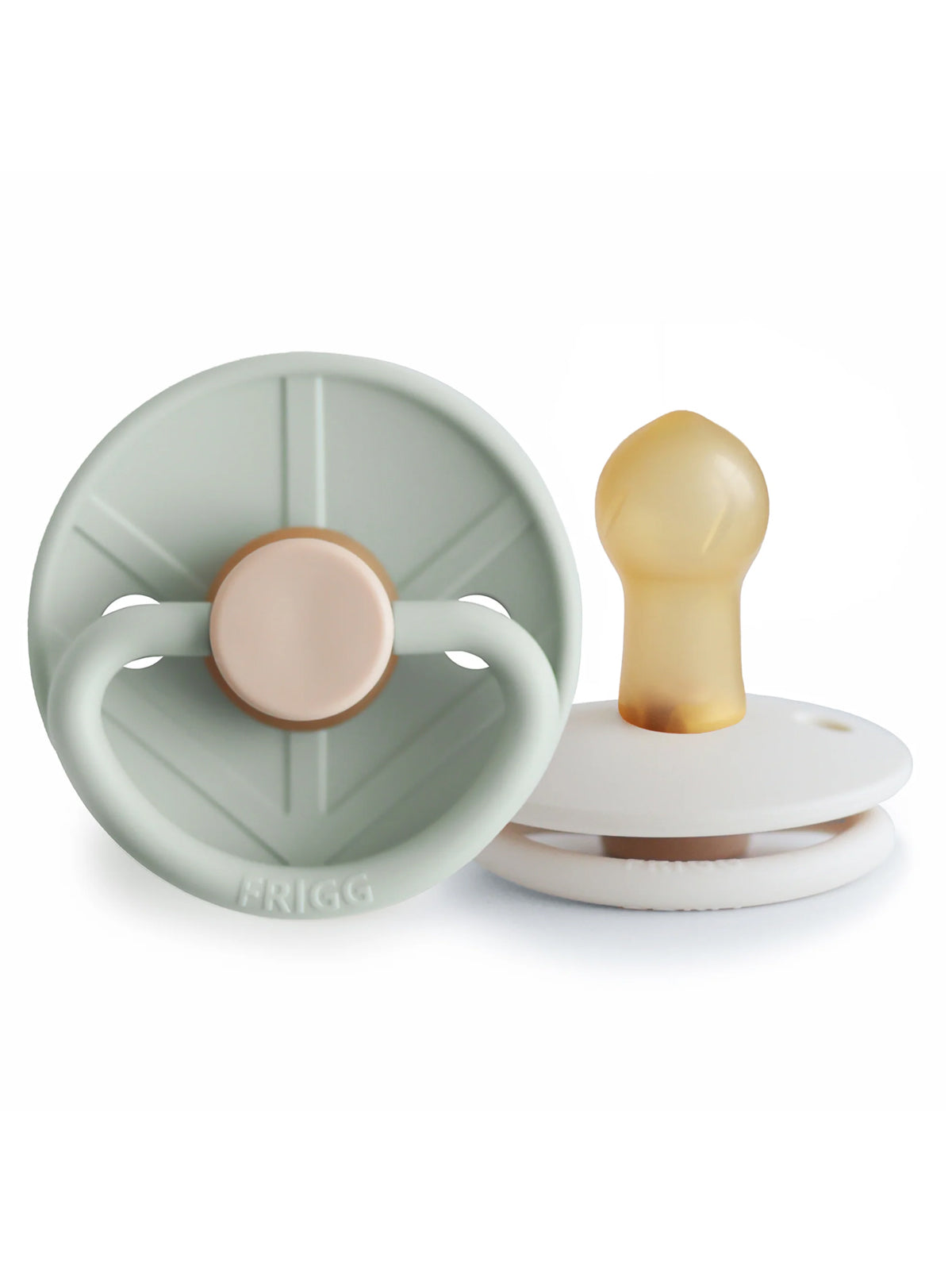 Green and beige baby pacifier with a round shield and cherry-shaped nipple, designed for comfort and soothing.