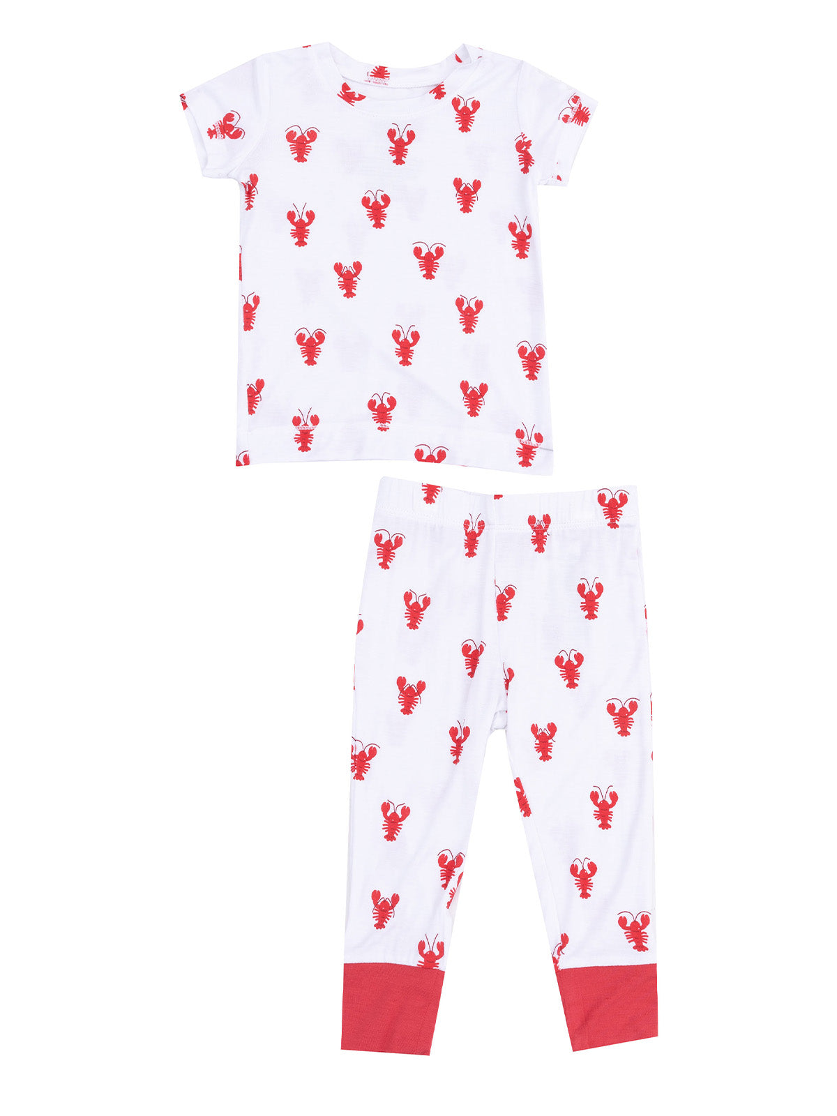 Lobster print children’s pajama set with a short-sleeve top and long pants in white and red.
