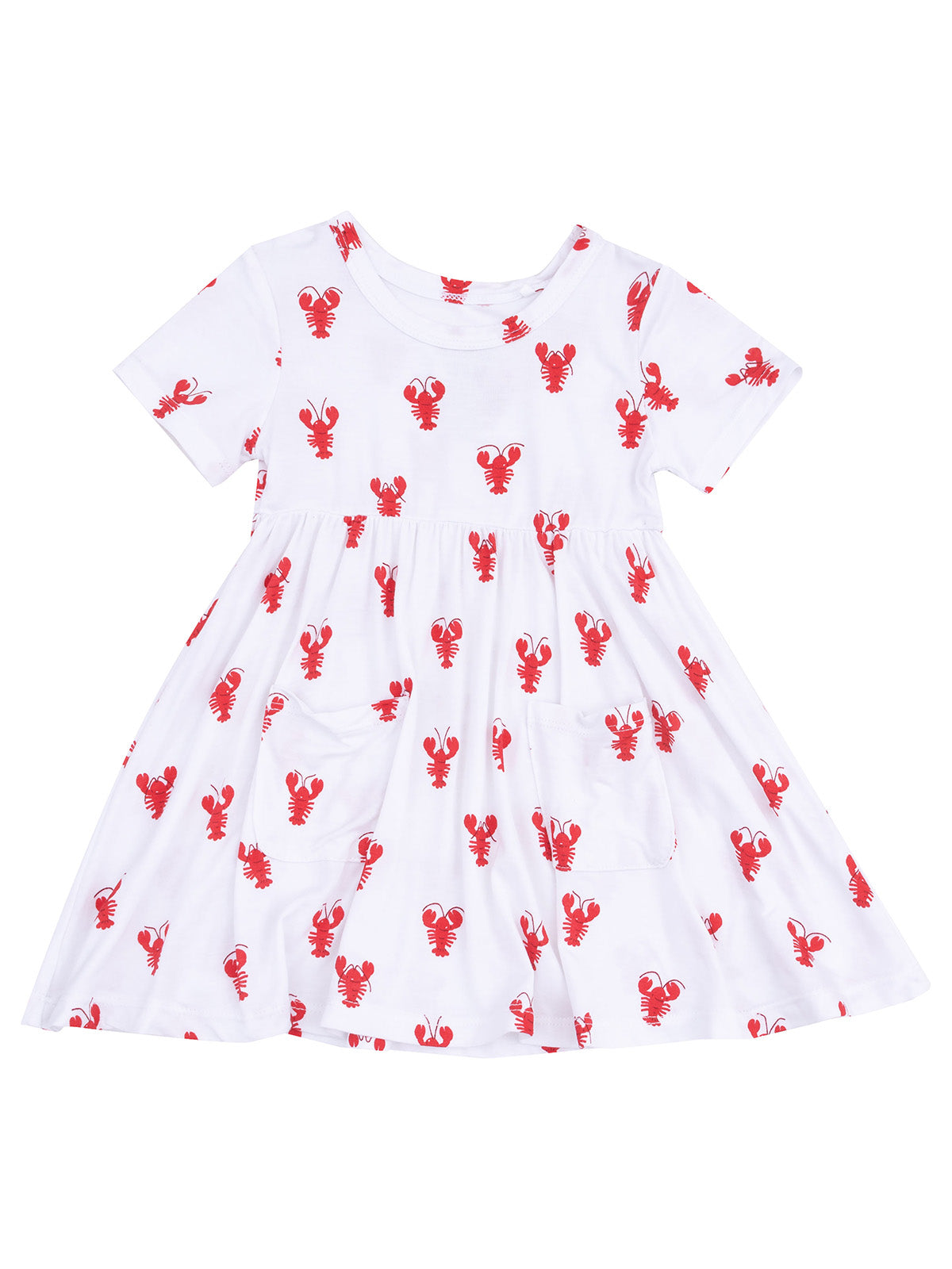 White dress with red lobster print, featuring short sleeves and two front pockets.