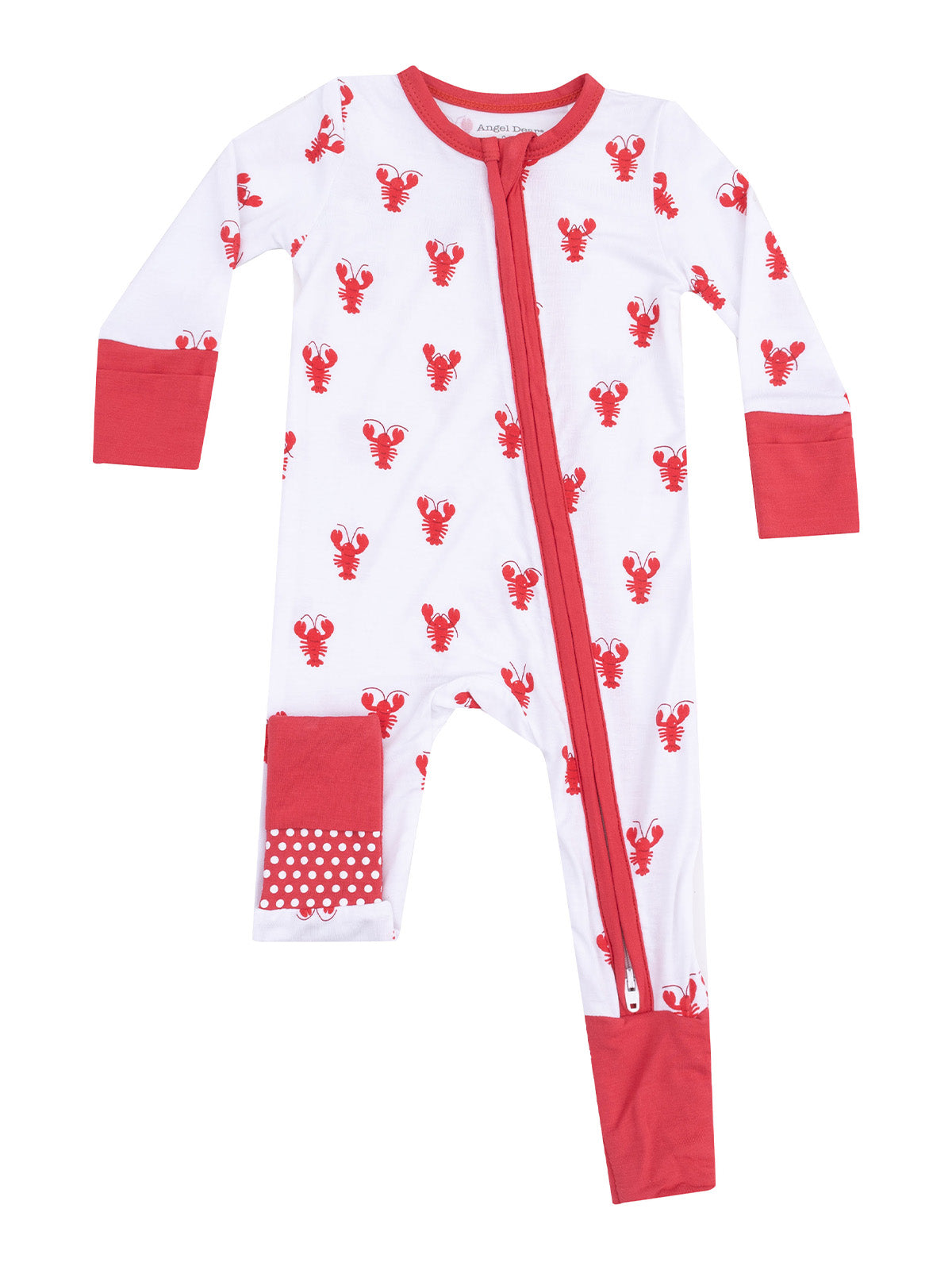 Red and white lobster-patterned toddler onesie with a front zipper and polka dot pocket.