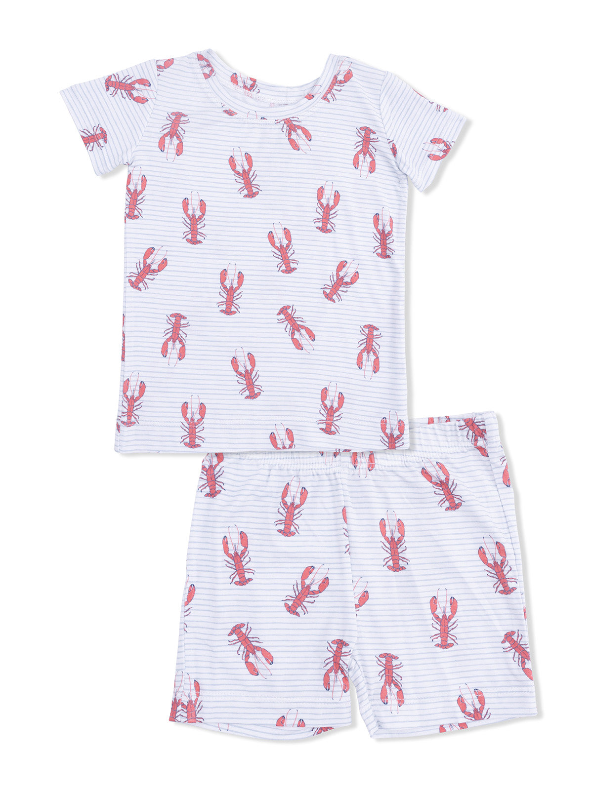 Lobster-patterned kids' pajamas featuring a short-sleeve top and shorts in a light striped design.