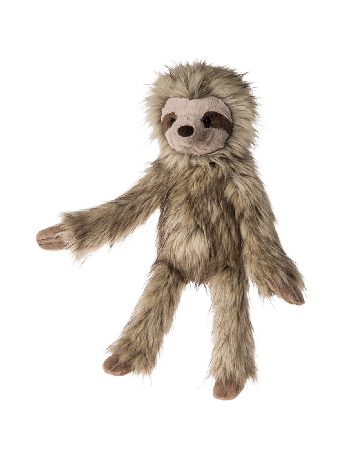 Stuffed sloth toy with soft fur and cute facial features, arms outstretched, on a white background.
