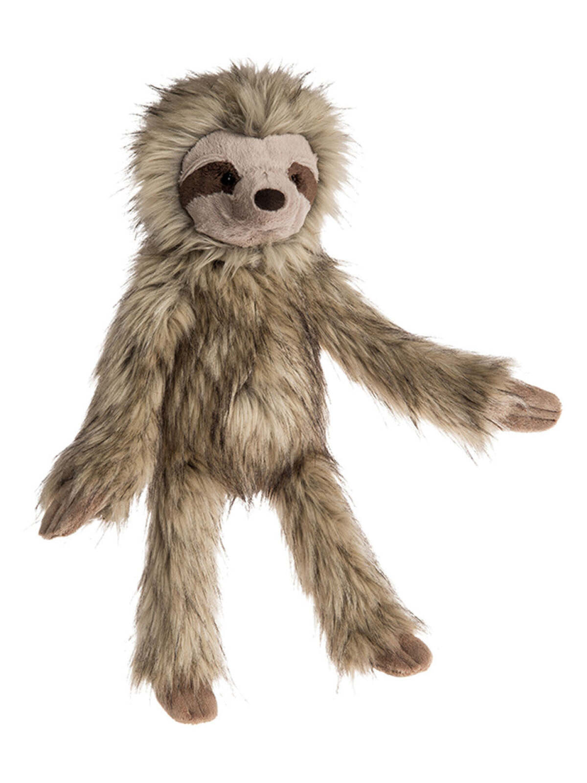 Stuffed animal sloth with soft, fuzzy fur and a friendly face, arms outstretched in a playful pose.