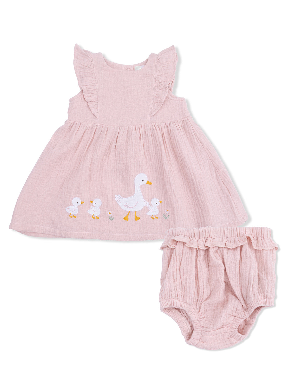 Girls' pink dress with ruffles and duck embroidery, paired with matching bloomer shorts. Ideal for spring or summer.