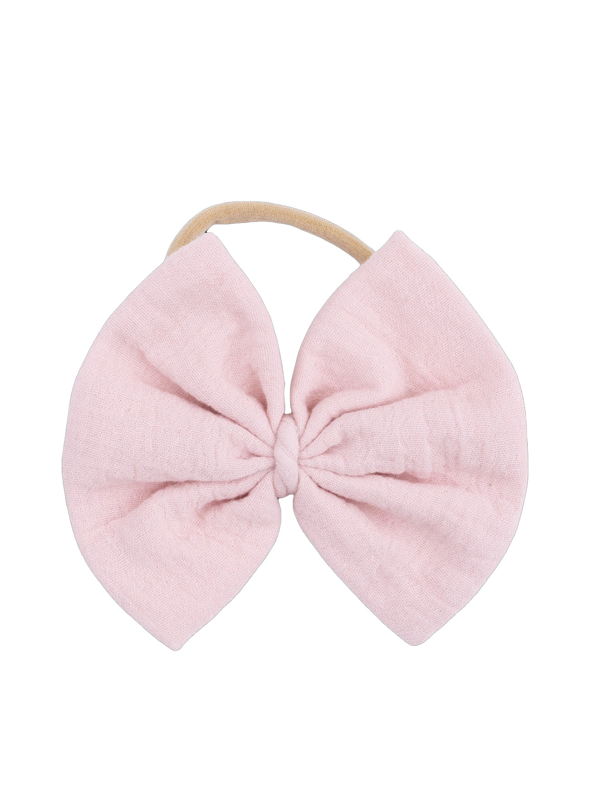Pink fabric hair bow with a knot center and attached elastic band.