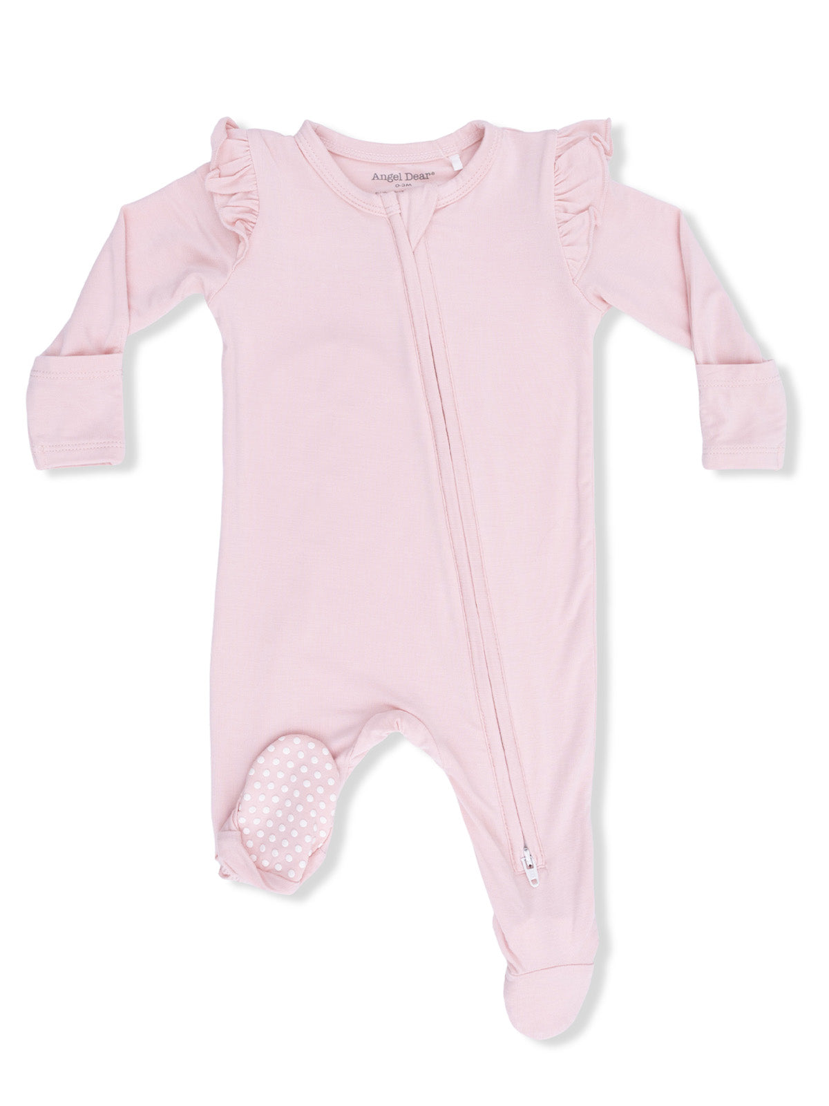 Pink infant romper with ruffle details and a front zipper for easy dressing, featuring polka-dot foot grips.