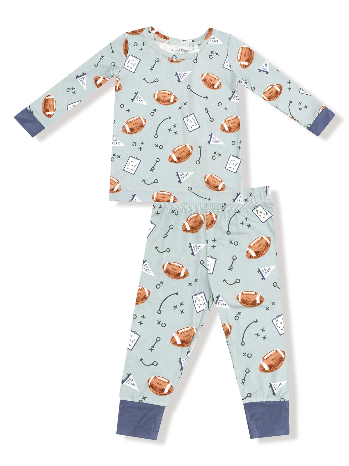 Light blue pajama set featuring football prints, playful designs, and a comfortable fit for kids.