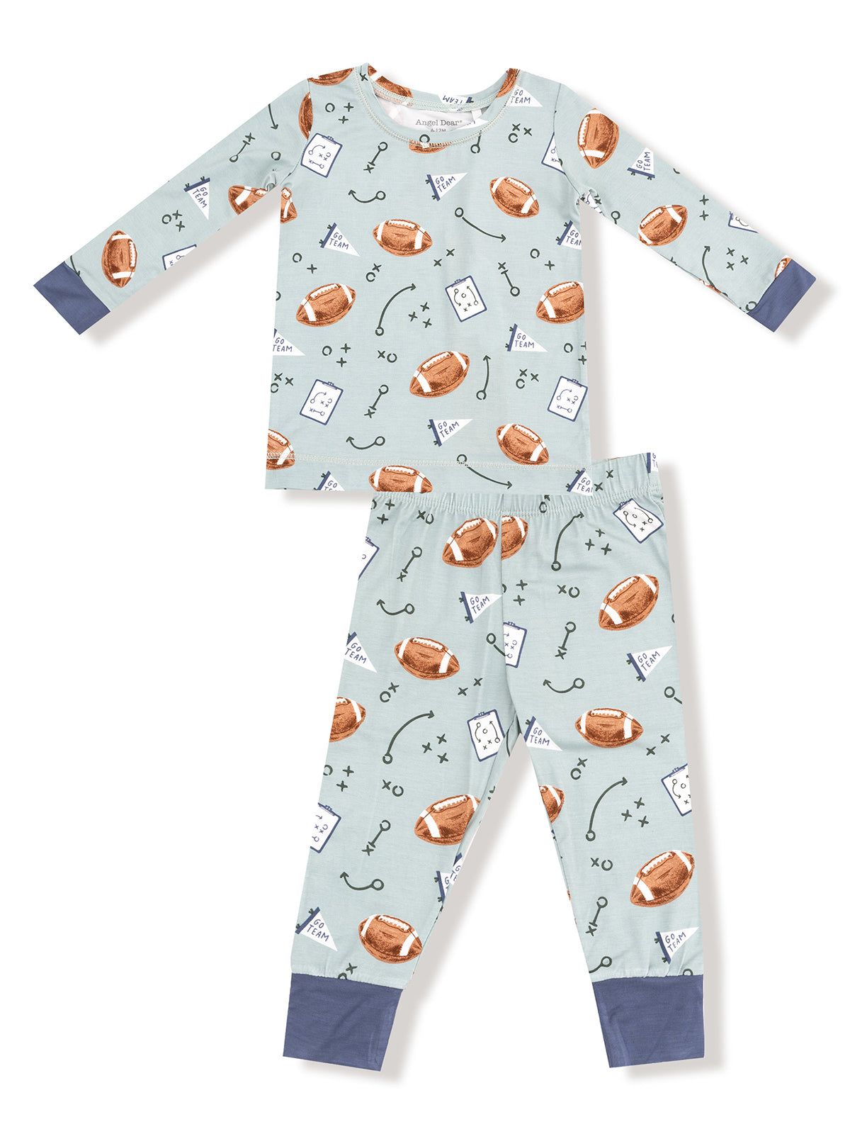 Light blue pajama set featuring football prints, playful designs, and a comfortable fit for kids.