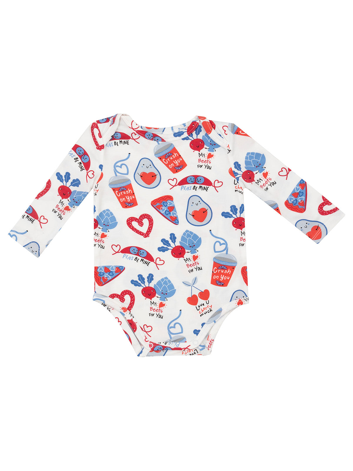 White long-sleeve bodysuit with playful food-themed patterns and heart motifs in red and blue. Perfect for infants.