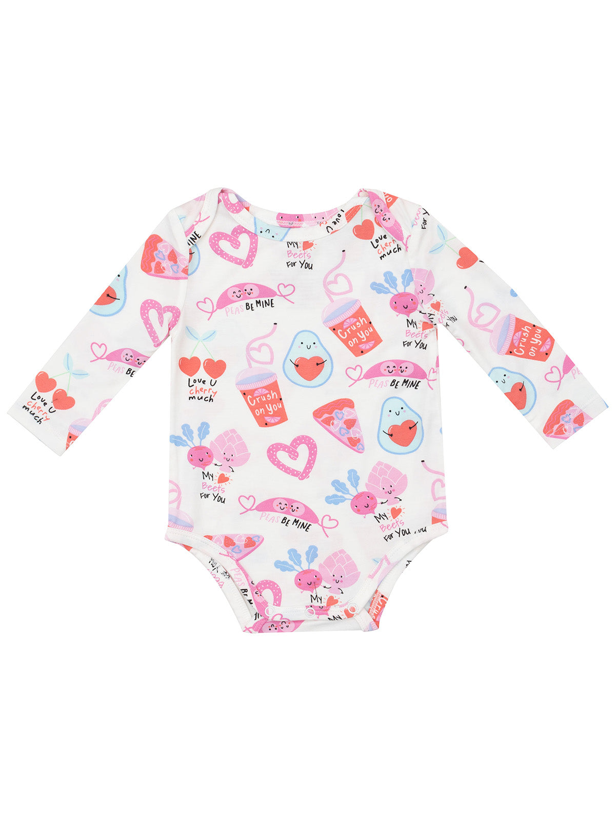 White long-sleeve baby bodysuit with colorful, playful food-themed patterns and heart graphics.