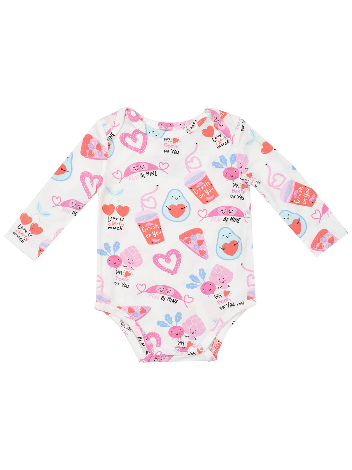 White long-sleeve baby bodysuit with colorful, playful food-themed patterns and heart graphics.