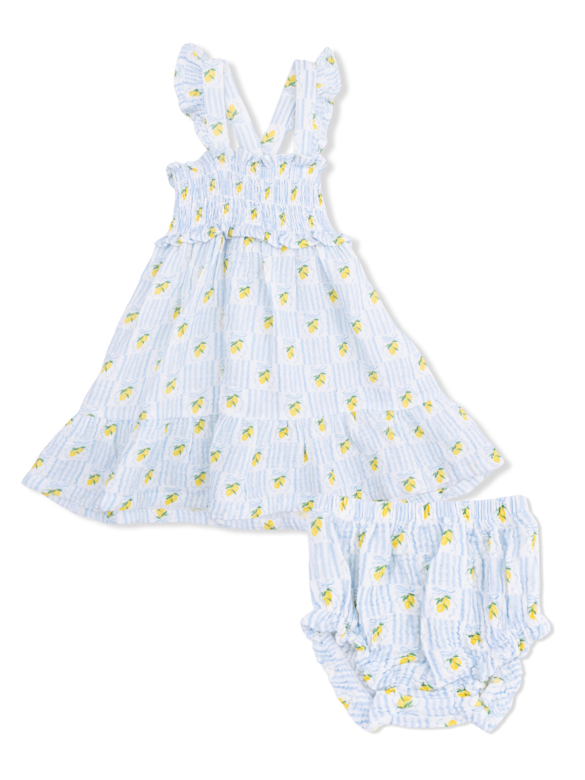 Light blue girl’s dress with lemon print and matching bloomers, featuring ruffled straps and a tiered design.