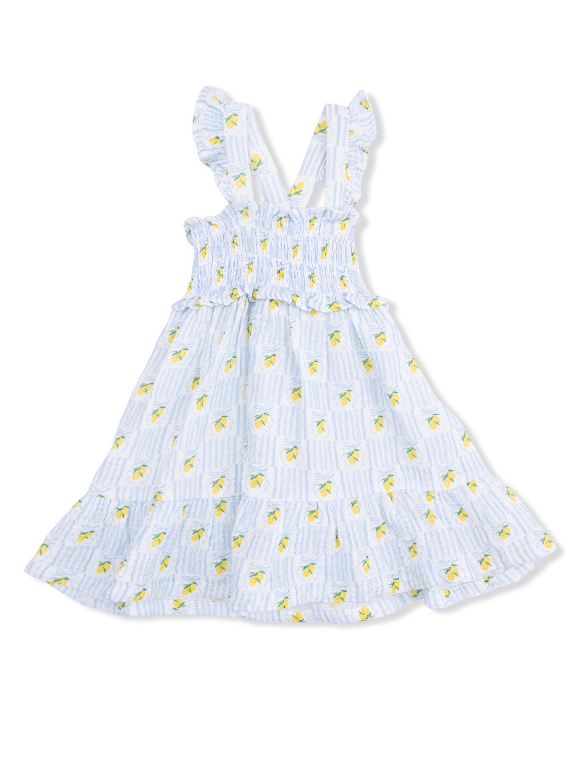 Light blue dress with yellow lemon patterns and ruffled straps, perfect for summer wear.