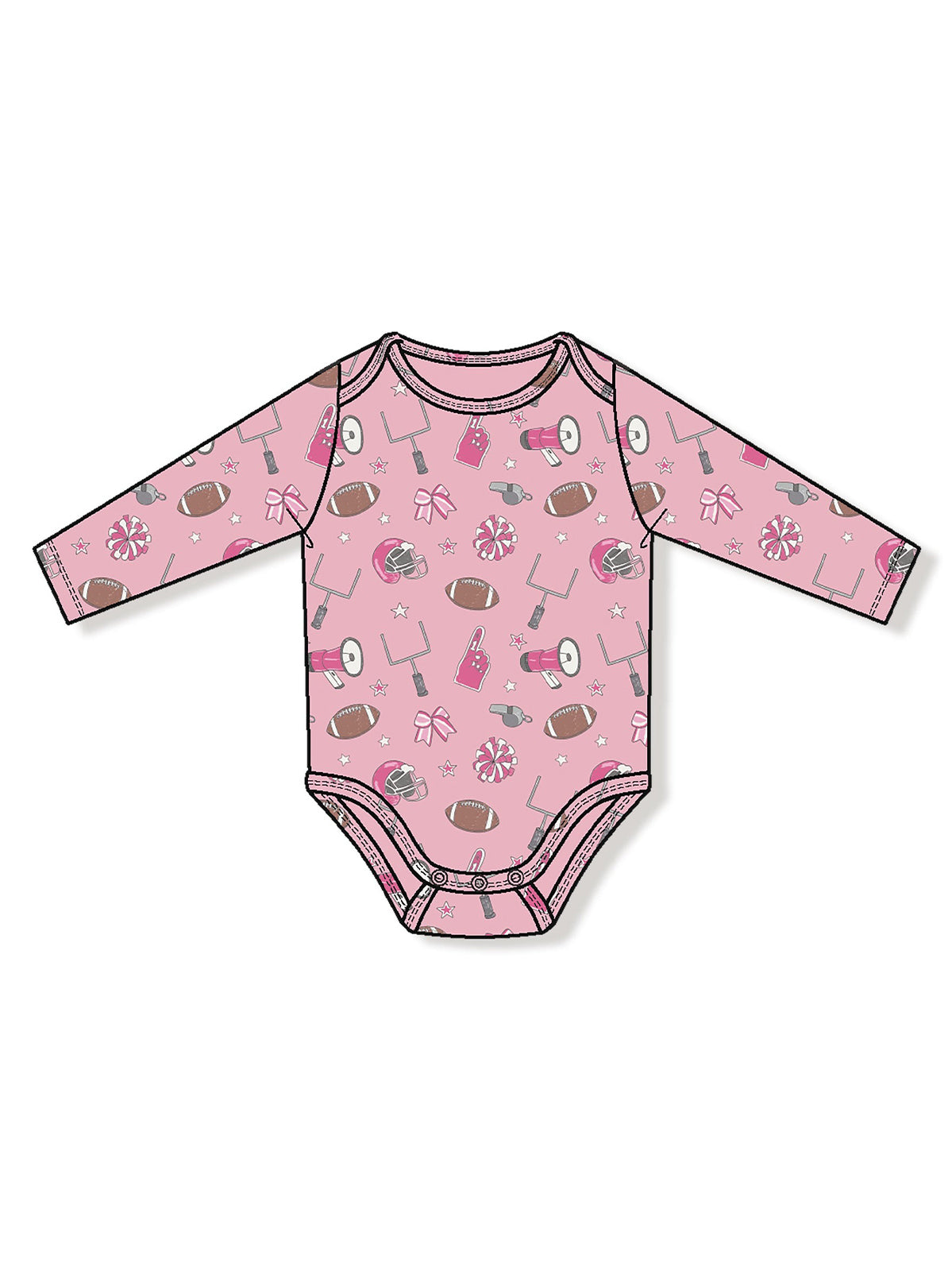 Pink long-sleeve onesie with fun sports and candy patterns, perfect for infants.
