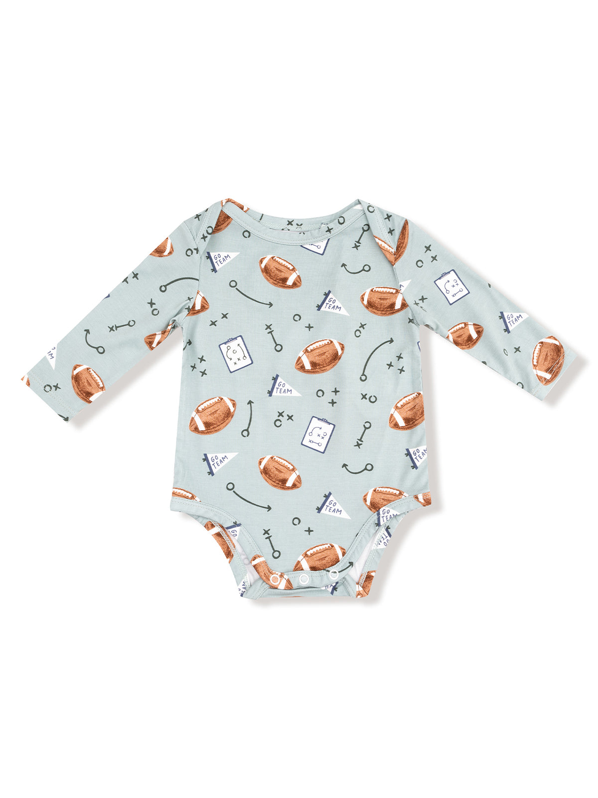 Light blue baby bodysuit with football and sports-themed prints in various colors.