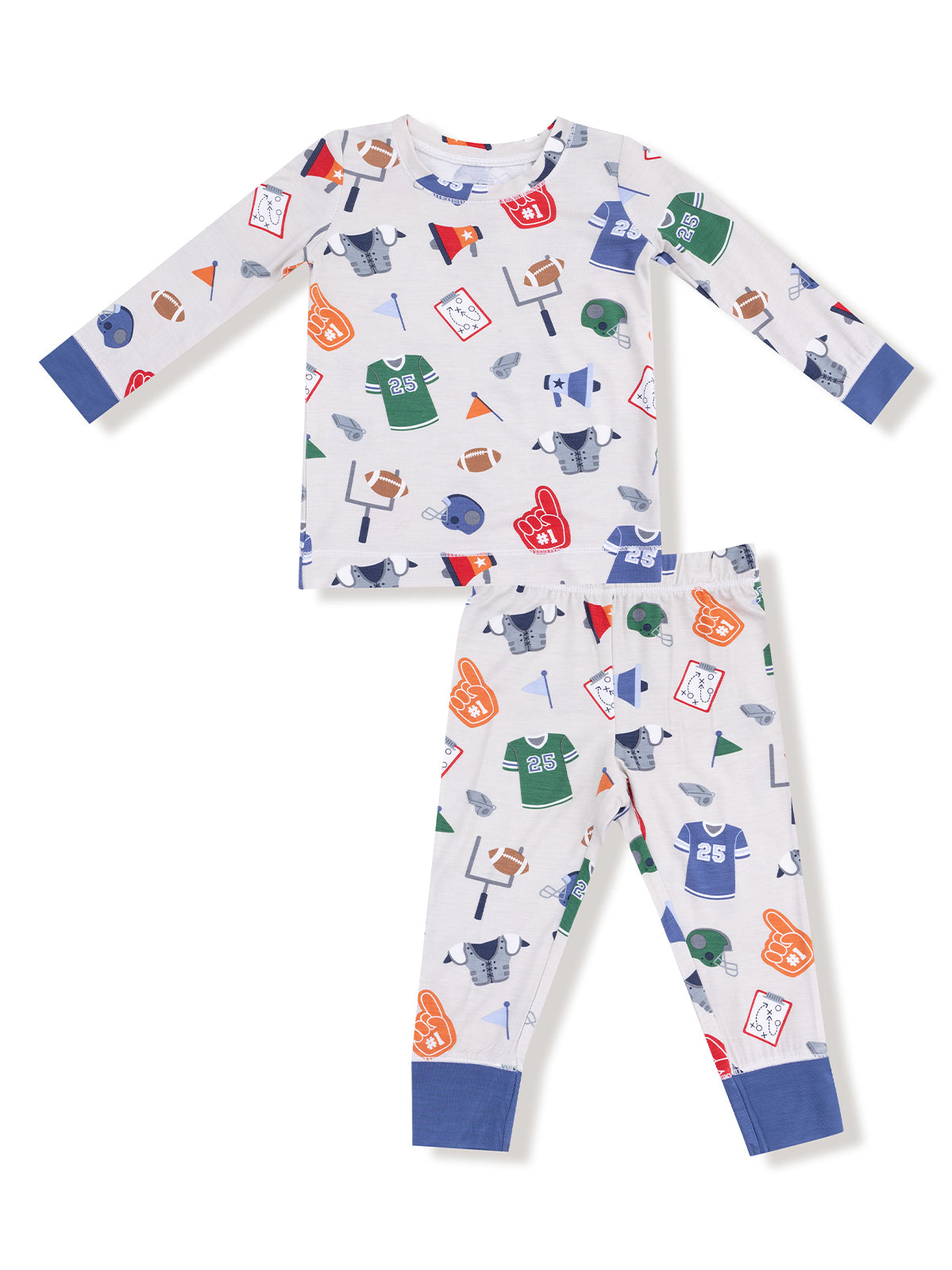 Children's pajamas featuring colorful sports-themed graphics on a light background. Long-sleeve top and pants set.