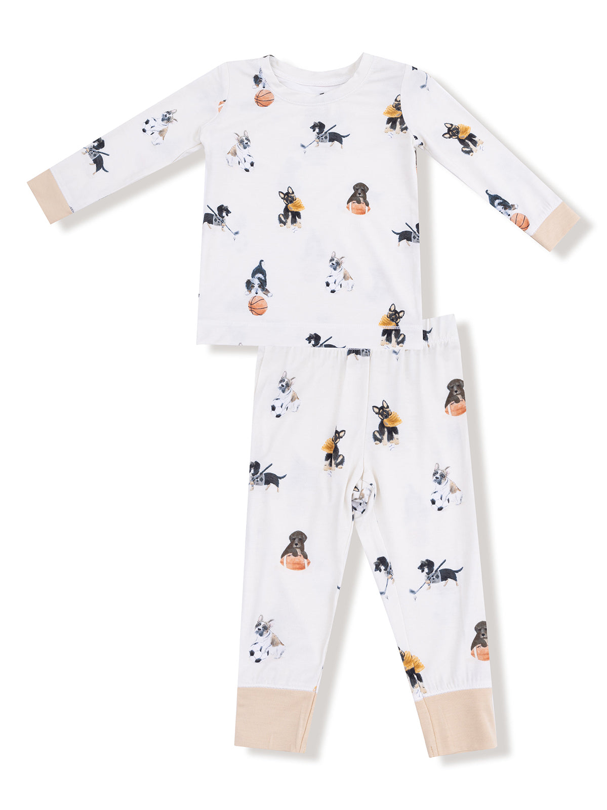 Children's pajama set with playful dog prints in white, featuring a long-sleeve top and matching pants.