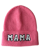 Pink knitted beanie with "MAMA" embroidered in white and black letters on the folded brim.