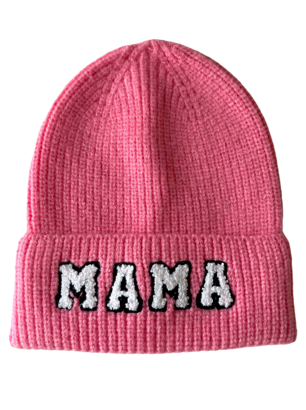 Pink knitted beanie with "MAMA" embroidered in white and black letters on the folded brim.
