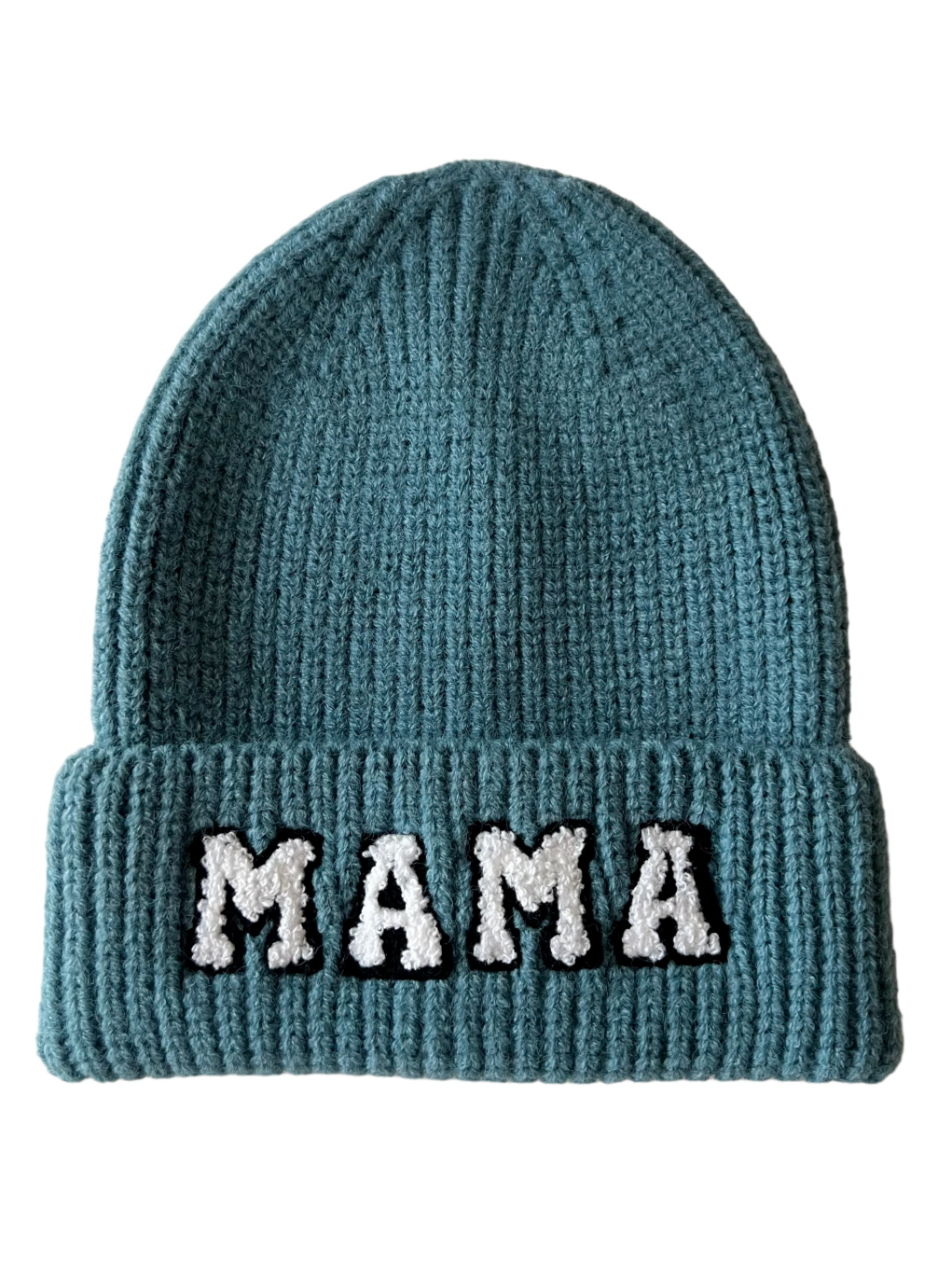 Teal knit beanie with a folded cuff displaying the word "MAMA" in white letters.