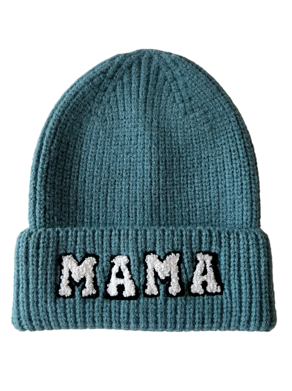 Teal knit beanie with a folded cuff displaying the word "MAMA" in white letters.