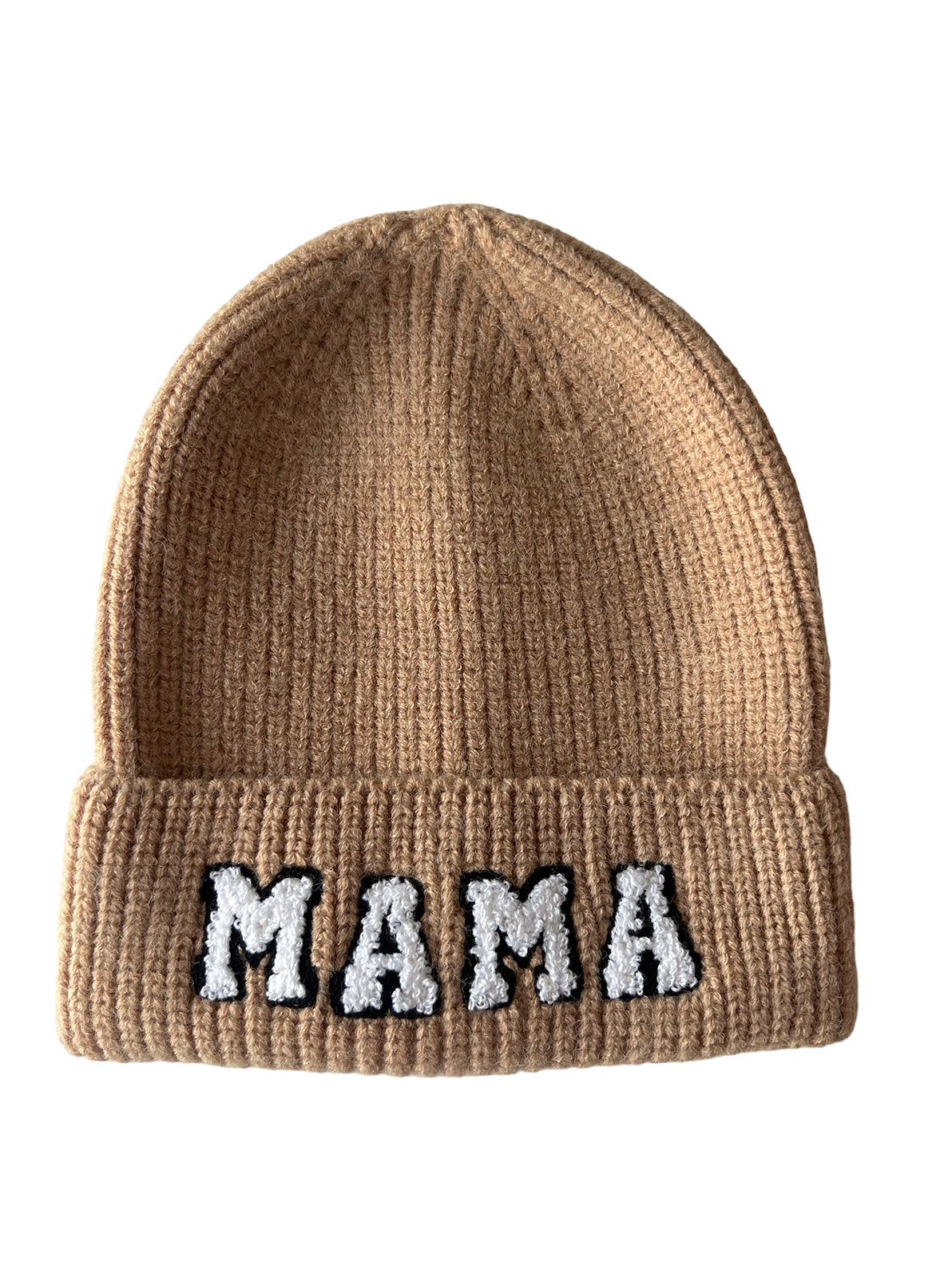 Tan knit beanie with "MAMA" stitched in white and black letters on the front.