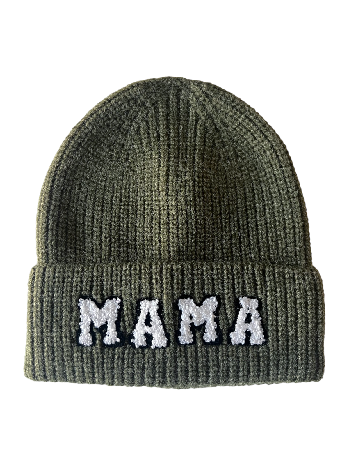 Olive green knit beanie with white embroidered text spelling "MAMA" on the front.