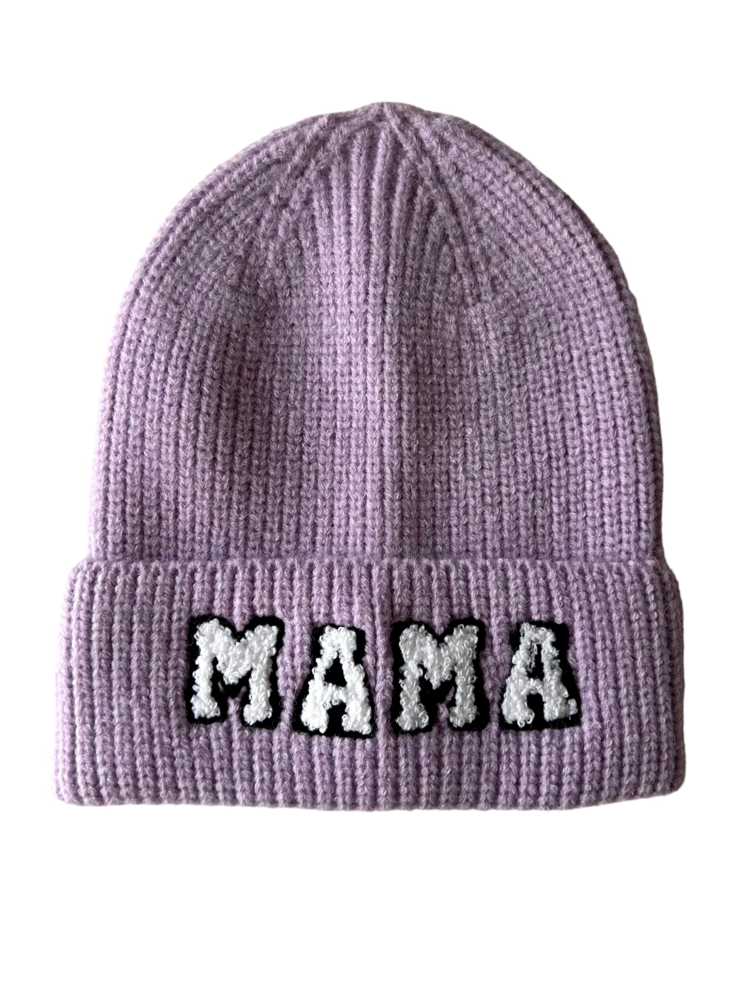 Light purple knit beanie with “MAMA” embroidered in black and white letters on the front.