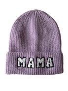 Light purple knit beanie with “MAMA” embroidered in black and white letters on the front.