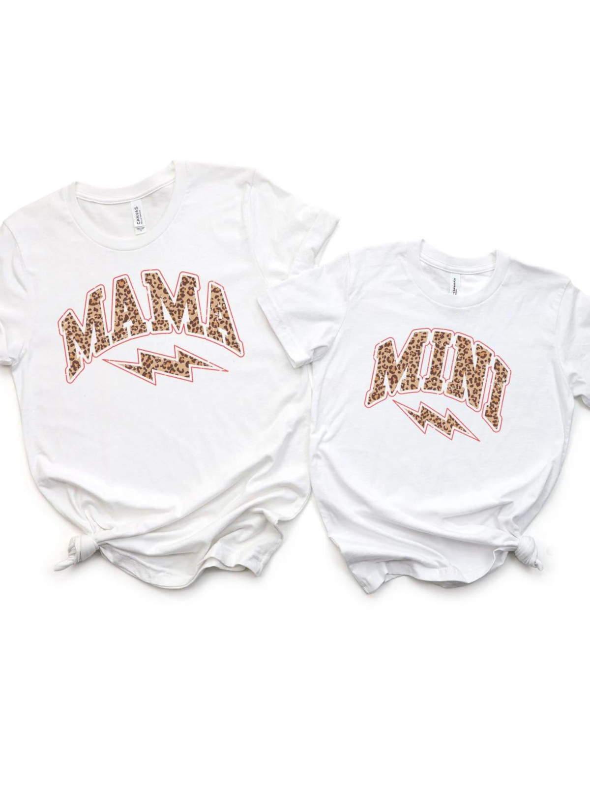 Matching white t-shirts for "Mama" and "Mini" with leopard print text and lightning bolt design.