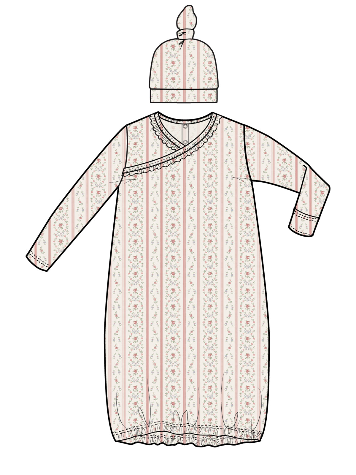 Kimono Gown & Knotted Hat Set, Marnie Rosebud Stripe