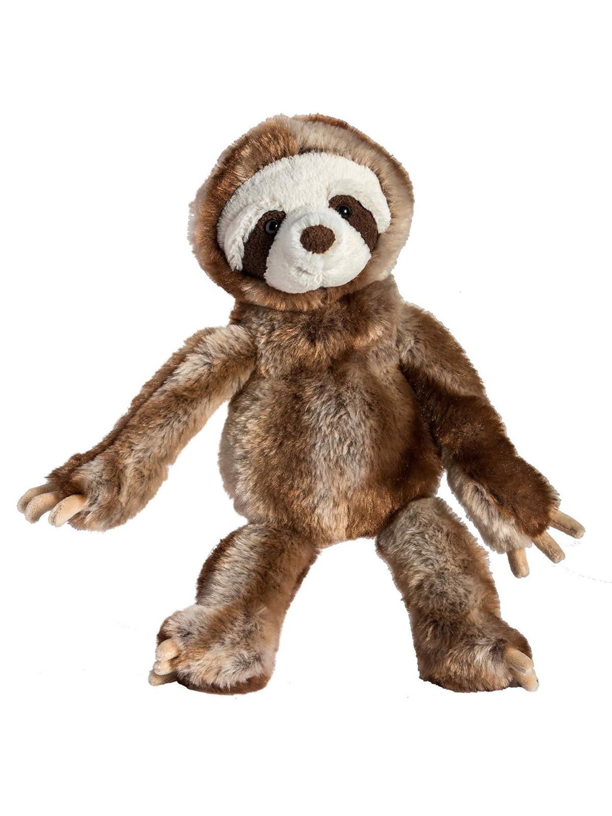 Plush sloth toy with soft brown fur and a friendly expression, sitting upright with arms and legs extended.