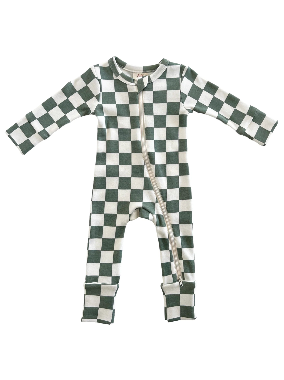 Green and white checkered baby onesie with a zip front and long sleeves.